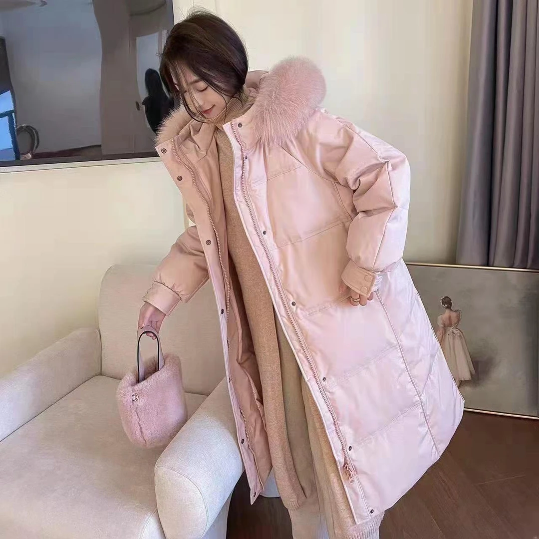 羽绒服女中长款2023年冬季新款时尚宽松过膝白鸭绒加厚大毛领外套
