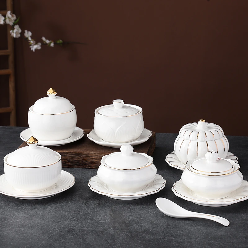 彬旭瓷金边陶瓷隔水炖罐家用带盖养粥碗高档汤碗位上佛跳墙小汤