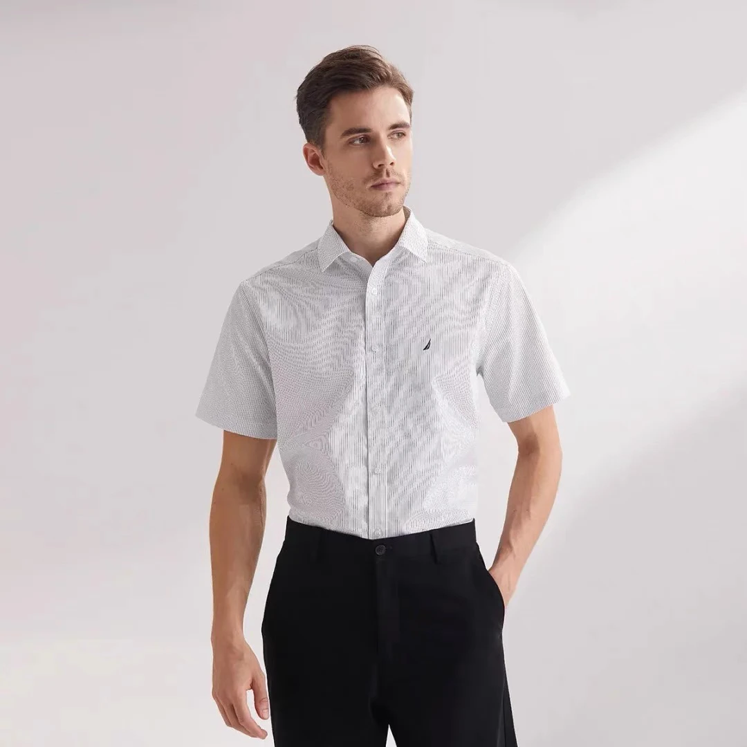 NAUTICA Nautica Tailored男士短袖衬衫商务正装纯棉条纹衬衣