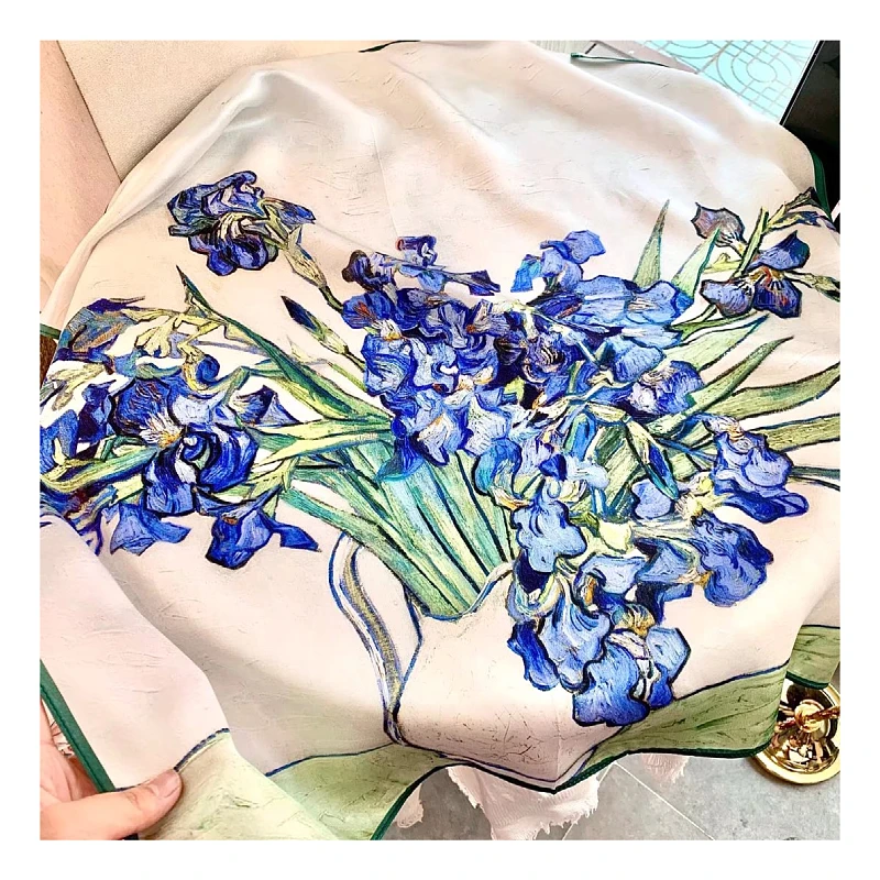 Love is long《蓝色鸢尾花》100%桑蚕丝丝巾春秋真丝70复古方巾女