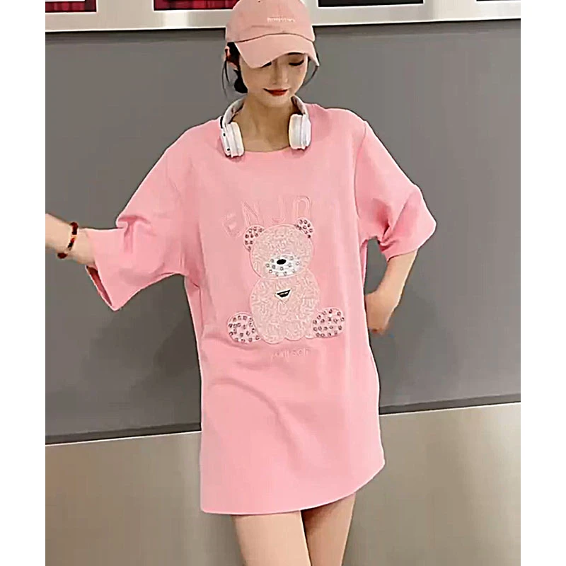 新款韩版大板半袖T恤百搭潮流重工艺中长款印花大码显瘦减龄休闲