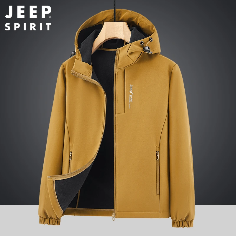JEEP SPIRIT秋冬户外徒步登山加绒软壳衣男运动连帽拉链保暖外套
