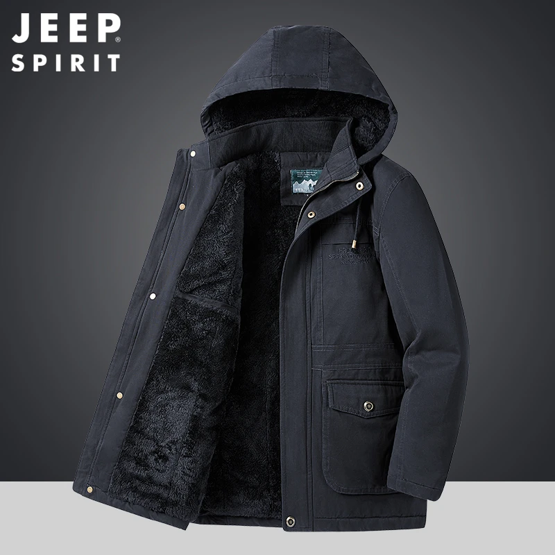 JEEP SPIRIT秋冬纯棉宽松大码男士外套防寒保暖加绒多袋工装棉服