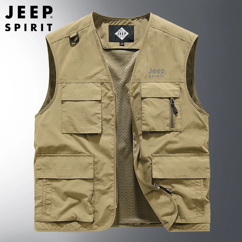 JEEP SPIRIT时尚夏季多口袋钓鱼工装马甲薄款透气纯色网眼背心男