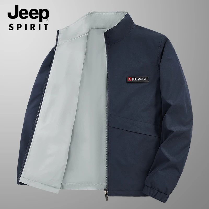 JEEP SPIRIT简约百搭男士春秋外套运动休闲双面穿纯色立领夹克