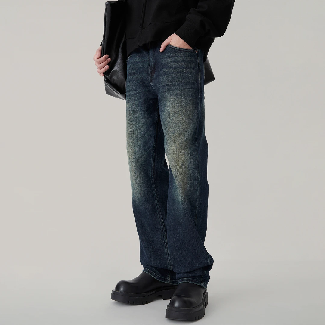 水洗复古蓝弹力牛仔裤男秋季新款美式高街男生休闲宽松直筒长裤子