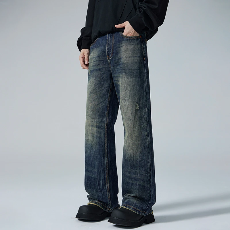 复古做旧高腰牛仔裤男秋季新款美式高街宽松微喇裤水洗休闲长裤潮