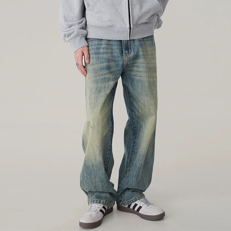 秋季复古蓝牛仔裤男美式高街刮烂水洗复古vibe宽松直筒休闲长裤子
