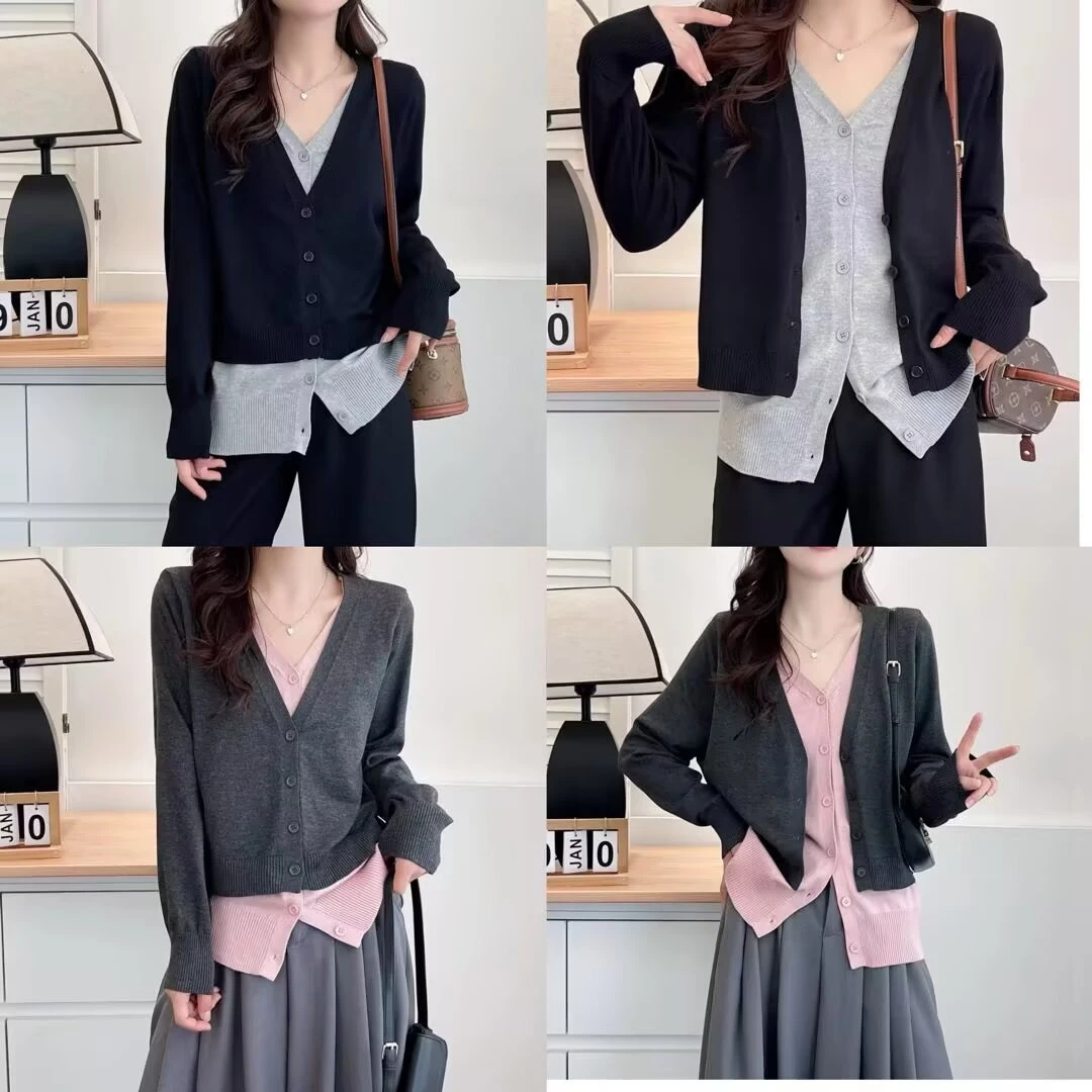 卡洛町大码女装100-200斤早秋新款时尚休闲百搭假两件针织衫4113