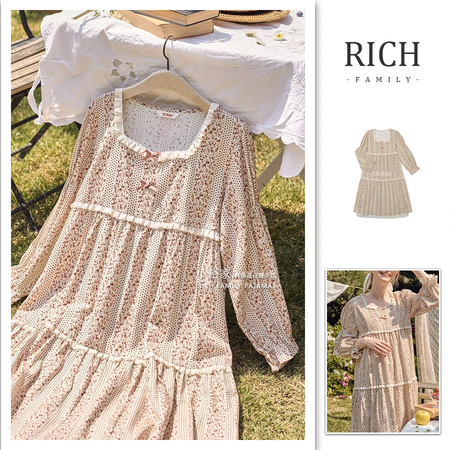 小裕家/UL23新品/甜美碎花/韩国品牌/长袖睡裙/秋家居服套装23174