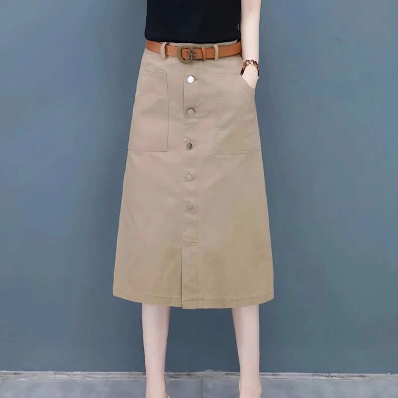 中长款百搭半身裙女2025夏过膝弹力高腰显瘦百搭春装a字裙包臀裙