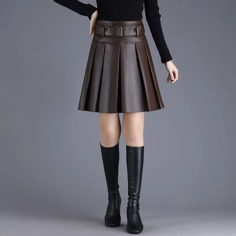 2025年秋冬季新款PU皮裙百褶裙女短裙高腰小个子显瘦时尚A字裙子