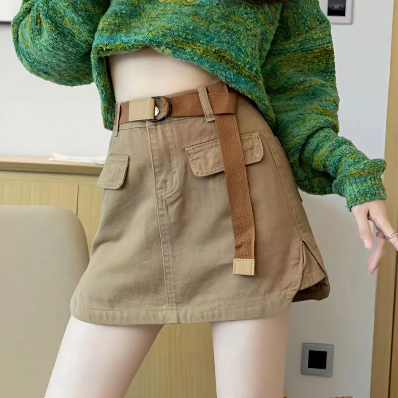 2025年夏季新款卡其色复古高腰牛仔半身裙女防走光a字包臀短裙女
