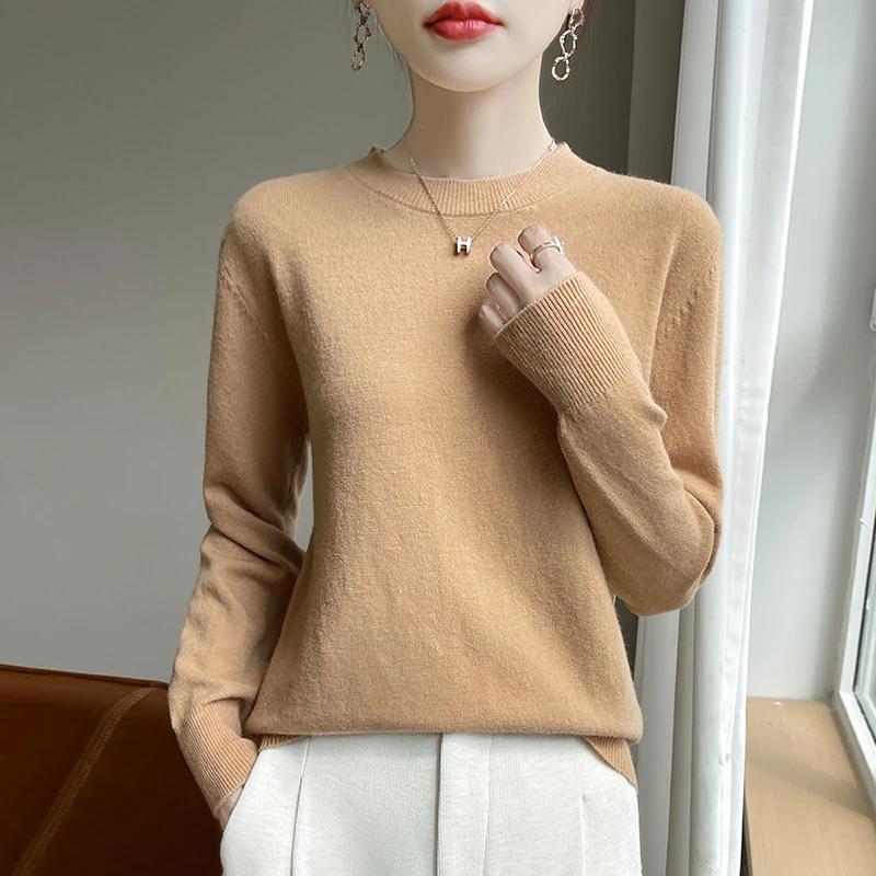 哥弟阿玛施正羊毛衫纯色时尚百搭半高领圆领秋冬长袖保暖针织上衣