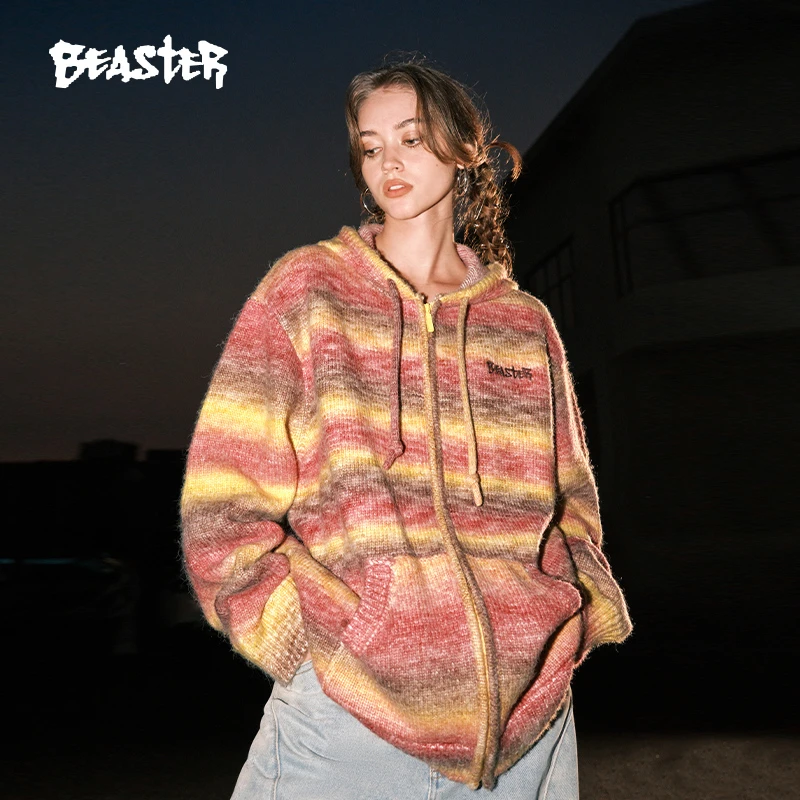BEASTER男友感条纹渐变重磅毛衣外套新款慵懒加厚短款针织开衫女