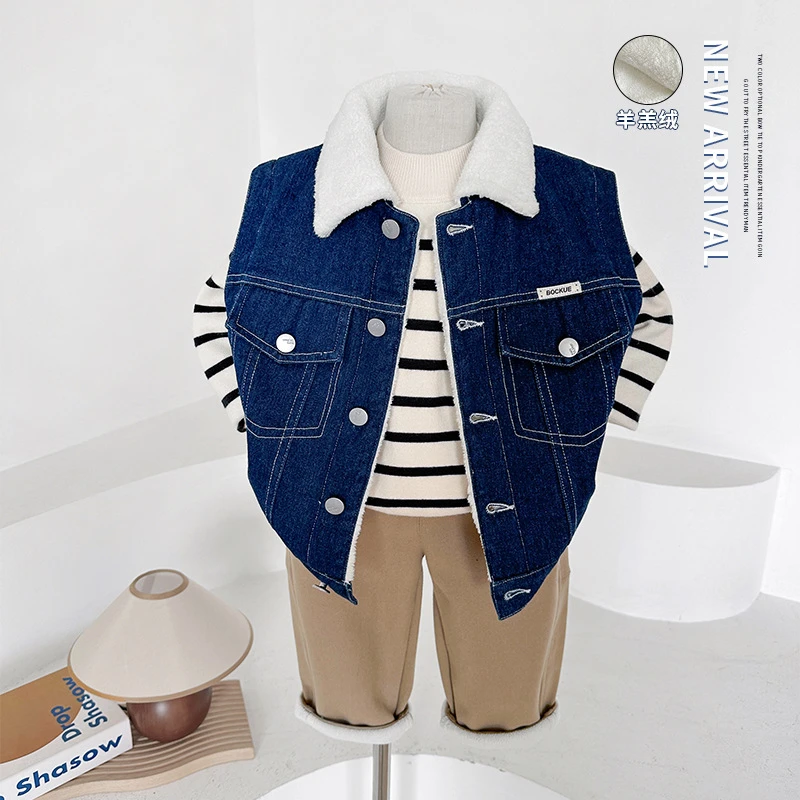 风之谷2024秋冬新款童装儿童韩版百搭羊羔绒男女童潮酷款牛仔马甲