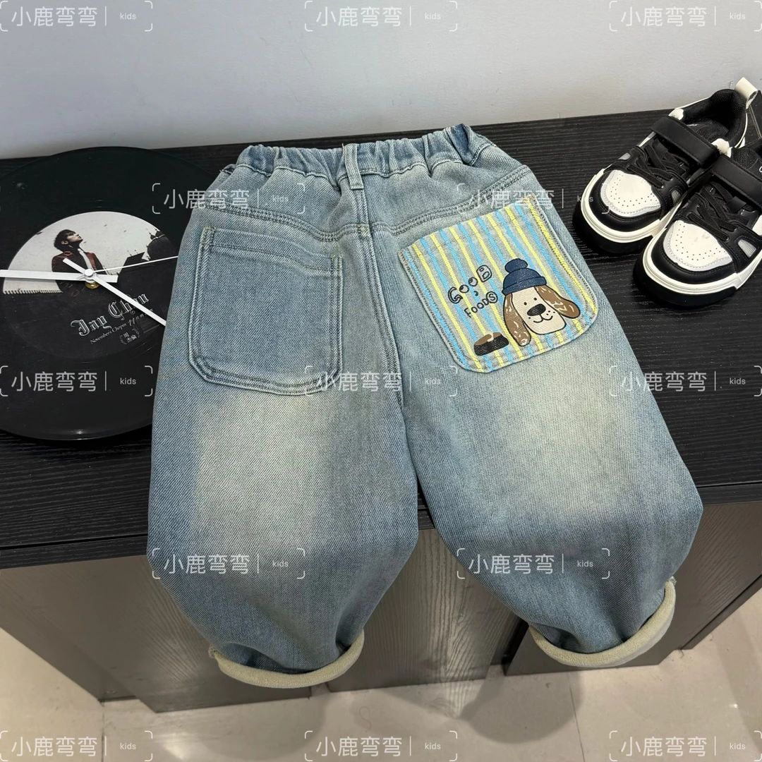 Q598秋冬儿童新款后袋条纹小狗一体绒牛仔裤