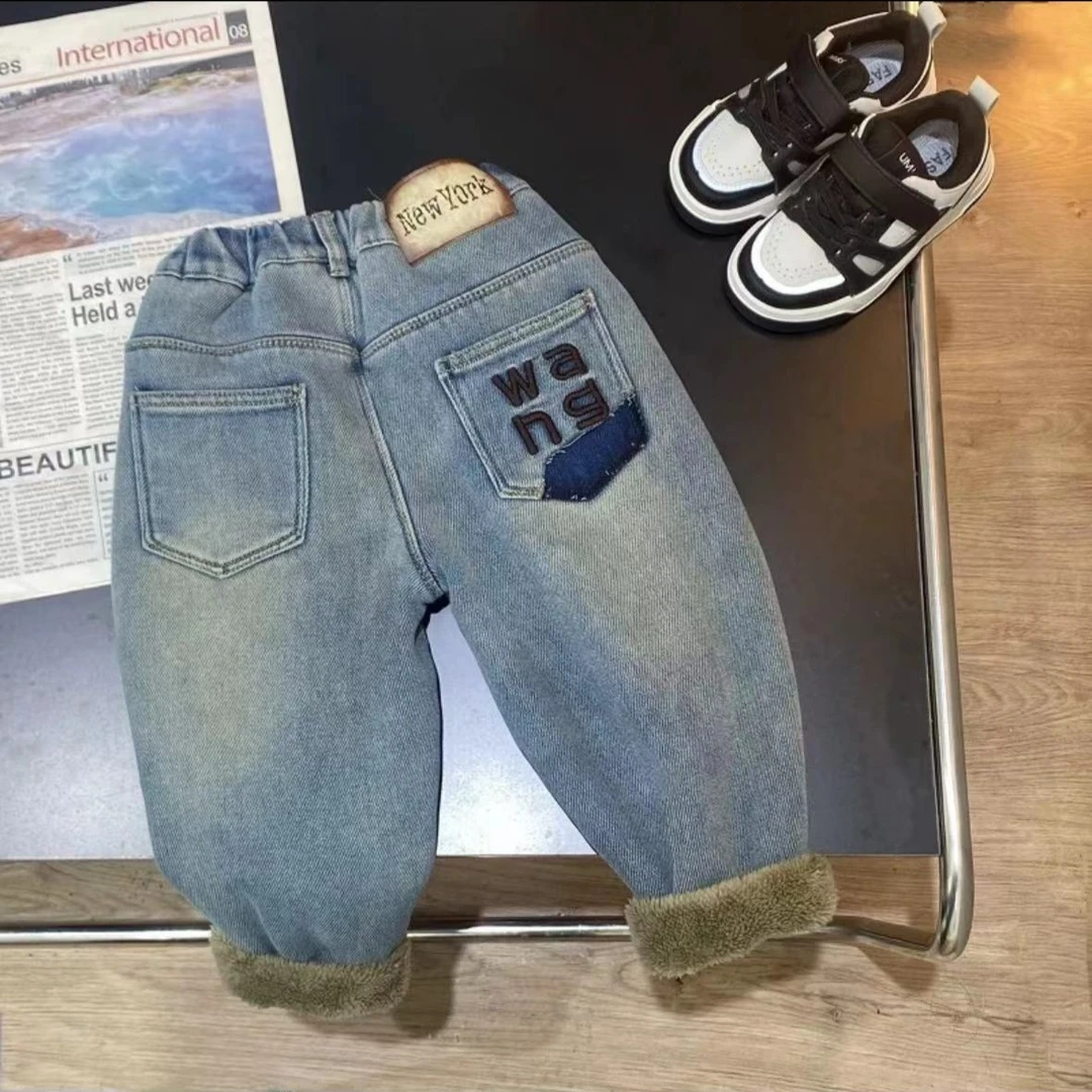 加绒加厚糕糕绒/2023冬季儿童新款后袋WANG一体加厚绒浅色牛仔裤
