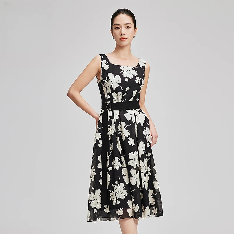 赢智尚新款高端上档次桑蚕丝印花黑色吊带连衣裙显瘦长款ZF02660