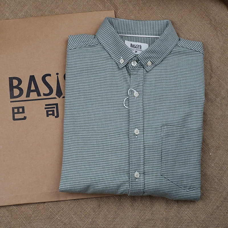 绿千鸟格长袖全棉磨毛单口袋男衬衫翻领休闲衬衣330