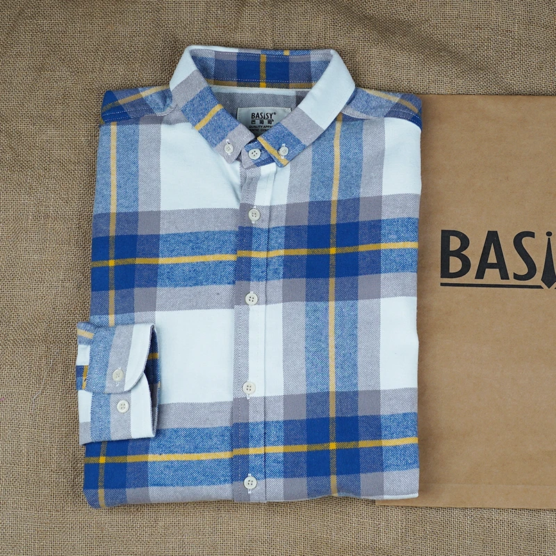 巴司司衬衫法兰绒蓝白灰超大格纯棉男装长袖休闲衬衫磨毛衬衣376