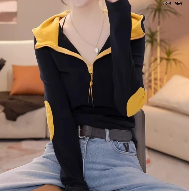 韩版时尚气质拼色连帽半拉链T恤女冬季高级新款百搭别致洋气上衣