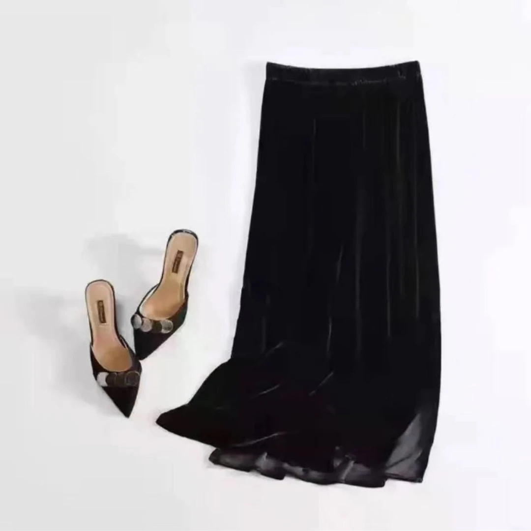 春秋冬季新款时尚洋气丝绒裙百搭显瘦松紧腰双开衩高腰女士半身裙