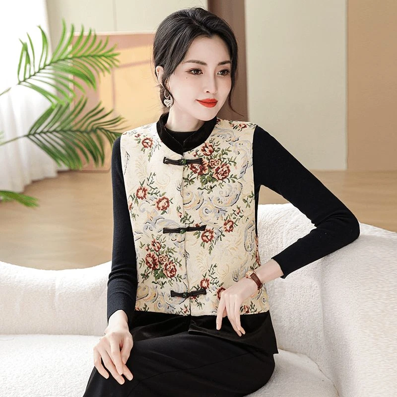 彩羊中式唐装中国风女装马甲秋冬季新款叠穿坎肩中年妈