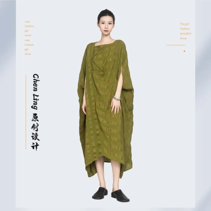 Chen Ling/宸翎设计师品牌夏季个性条纹褶皱走秀款长裙连衣裙