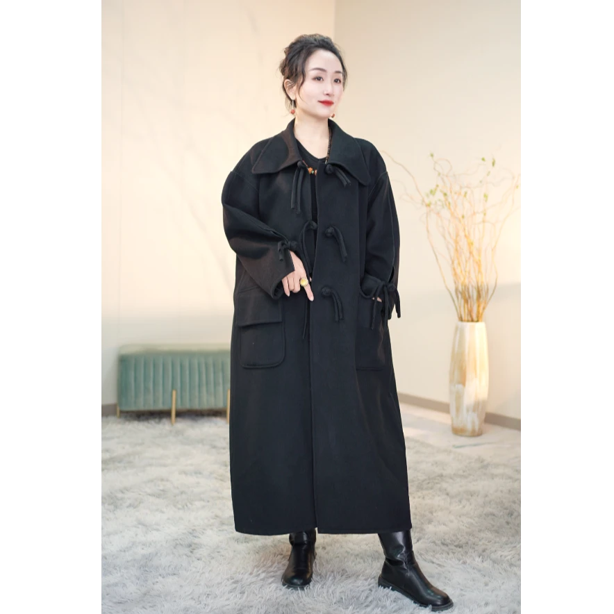 ML茹艺淬墨羊毛长款毛呢大衣黑色宽松中长款秋冬气质百搭