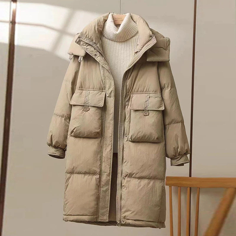 2023冬季新款连帽加厚韩版半粒扣羽绒服女中长款收腰显瘦时尚百搭