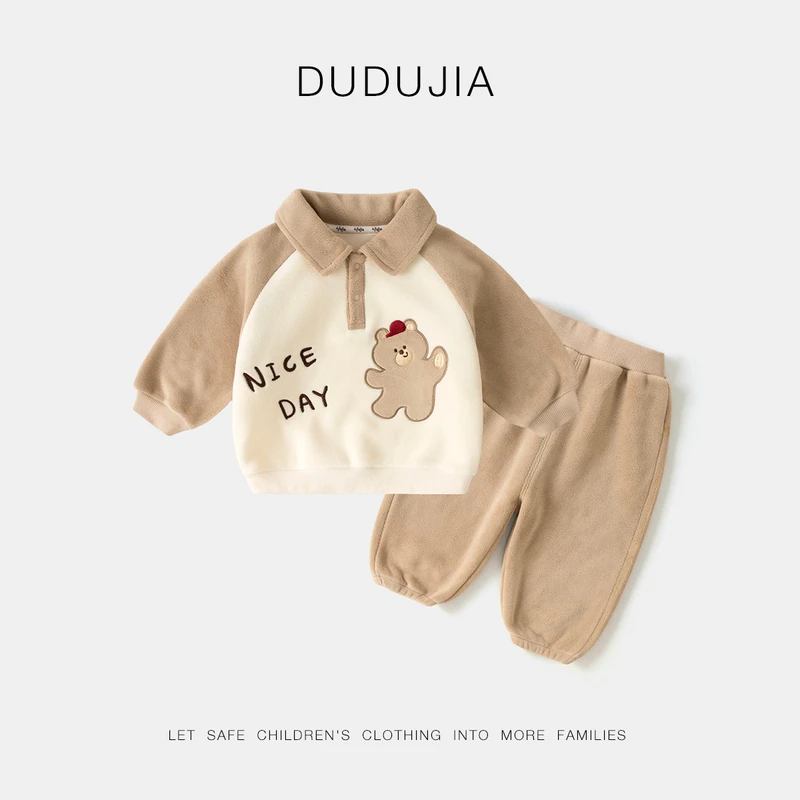 【卡通小熊兄妹装】现货嘟嘟家儿童奥利绒套装宝宝上衣裤子两件