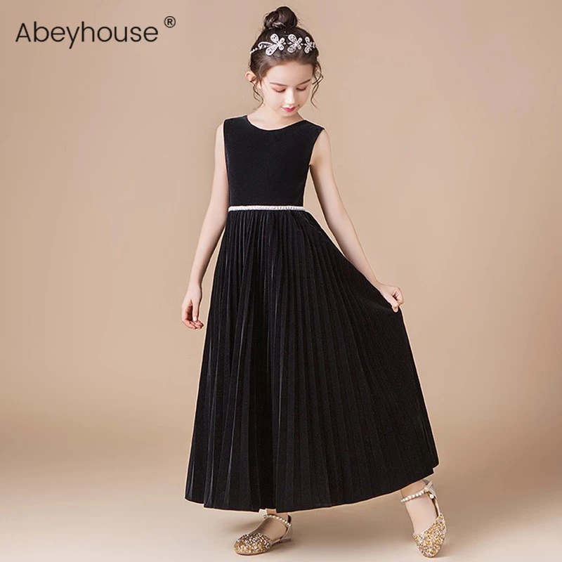 Abeyhouse女童晚礼服黑色丝绒中大童走秀乐团独奏钢琴演出服优雅