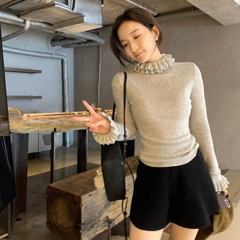 韩国东大门时尚叠穿神器~花边半高领针织衫灰色内搭小众时尚上衣