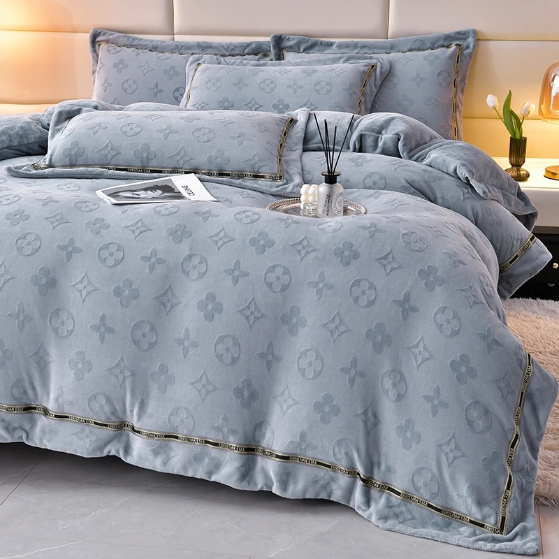 新款高档加绒绒雕花绒法莱绒四件套轻奢四件套保暖立体雕花奢华