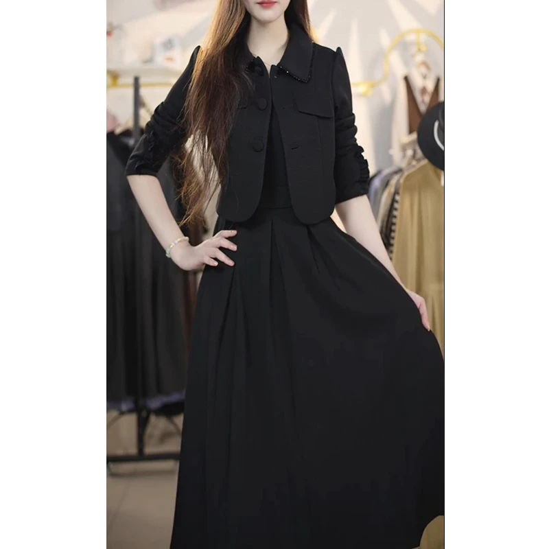 M178收腰时尚气质黑色中长款大码法式连衣裙遮字气质显瘦连衣裙