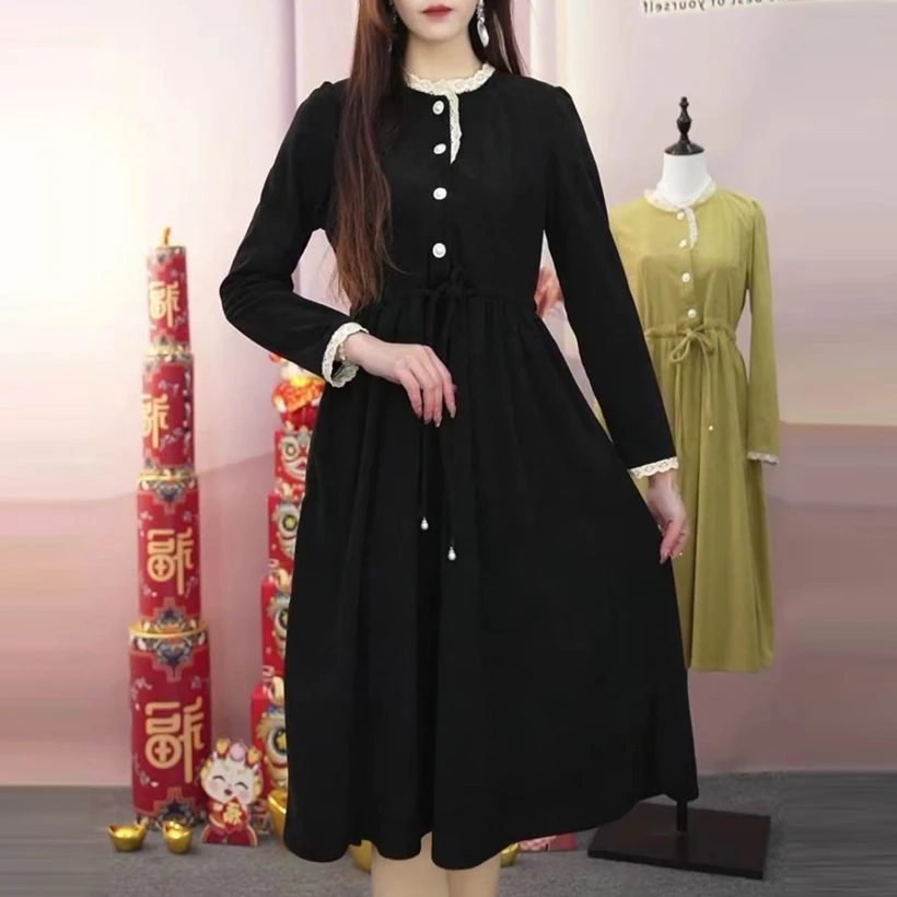 L743中长款大码法式连衣裙时尚气质连衣裙收腰遮字气质显瘦连衣裙