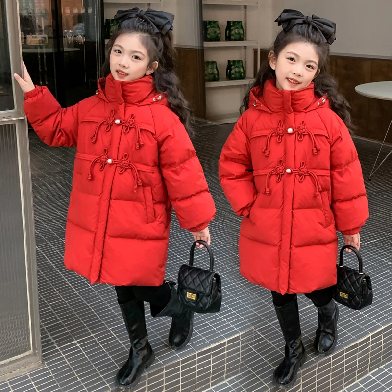 中国结冬装女童2024新款棉服中大童中长款儿童棉袄小女孩红色棉衣