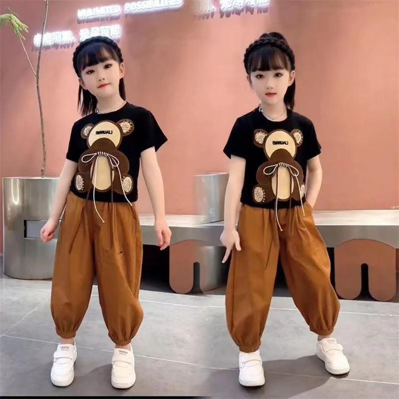 2025夏季新款女童套装网红洋气中大童休闲灯笼裤卡通上衣两件套潮