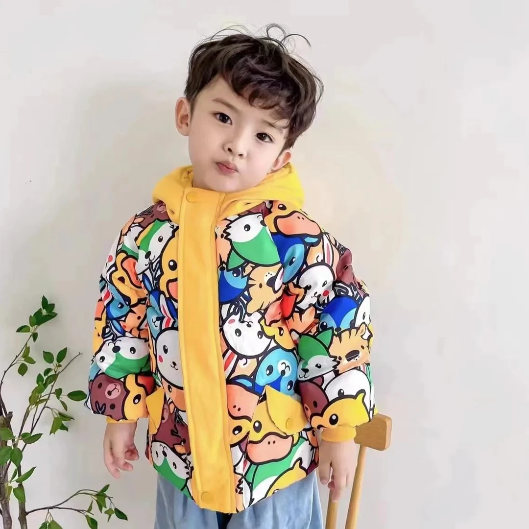新款小黄鸭连帽加厚加绒男女童卡通棉袄冬季棉服婴儿外套棉衣童装