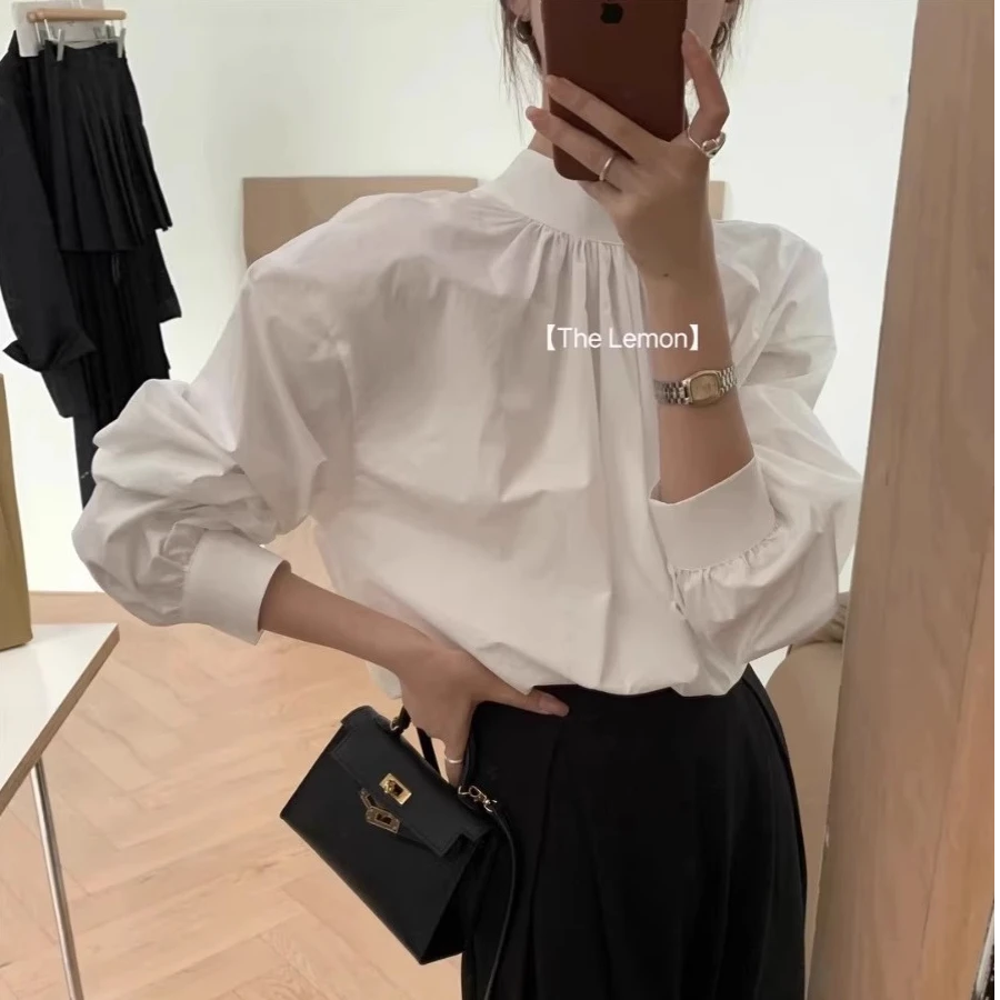 秋季新款洋气半高领两穿长袖衬衫轻奢女装设计感港风纯色宽松上衣