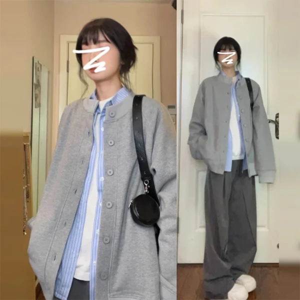 美式复古慵懒chic简约百搭灰色小众高级感超好看单排扣开衫外套女