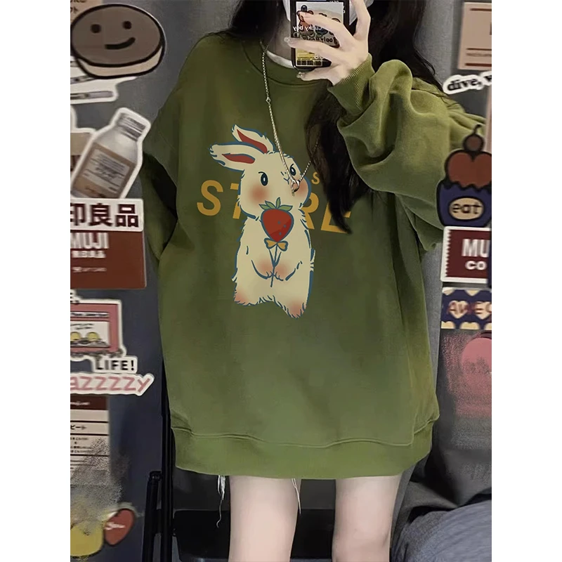 潮牌原宿风圆领卫衣女秋季薄款宽松美式复古小众设计感印花上衣