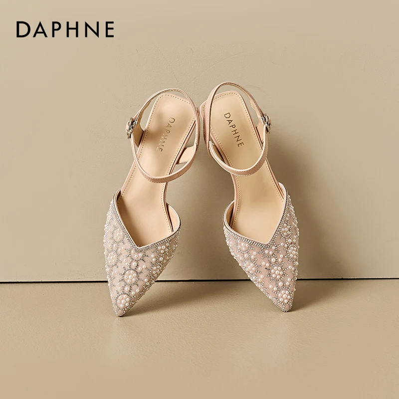 达芙妮浅口细跟高跟鞋女夏季礼服女士百搭时尚气质尖头一字带凉鞋