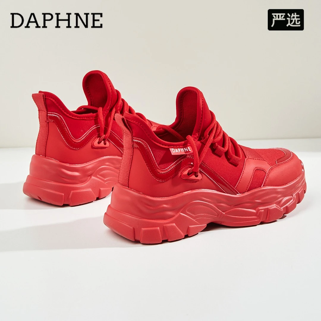 达芙妮红色老爹鞋女鞋新款轻便软底厚底本命年2025冬季休闲运动鞋