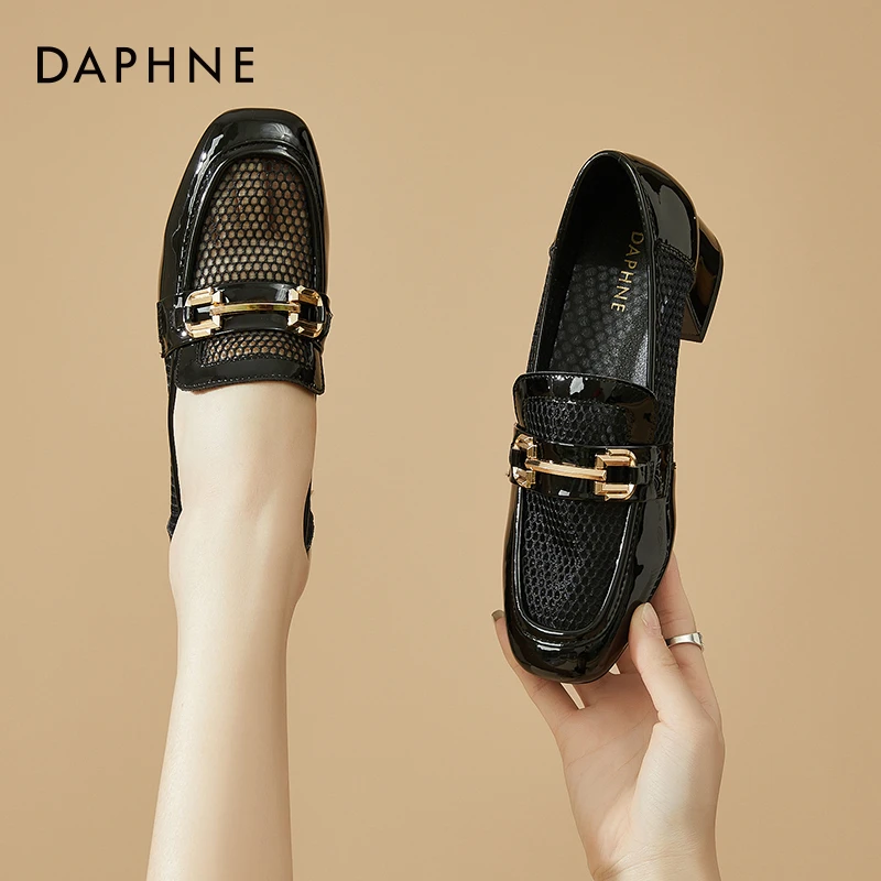 达芙妮粗跟乐福鞋女秋季薄款网面透气镂空网鞋单鞋漆皮工作小皮鞋