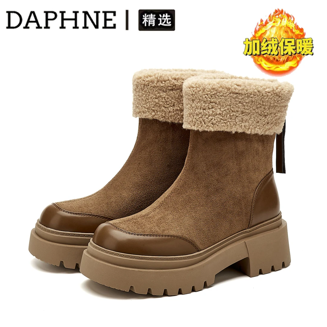 达芙妮美拉德雪地靴女厚底加绒马丁靴2025新款冬季棉鞋复古短靴子