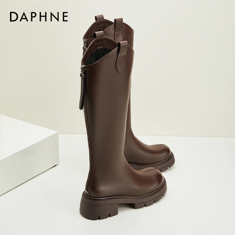达芙妮复古长靴女2025小个子厚底高筒靴子棕色v口长筒靴骑士女靴