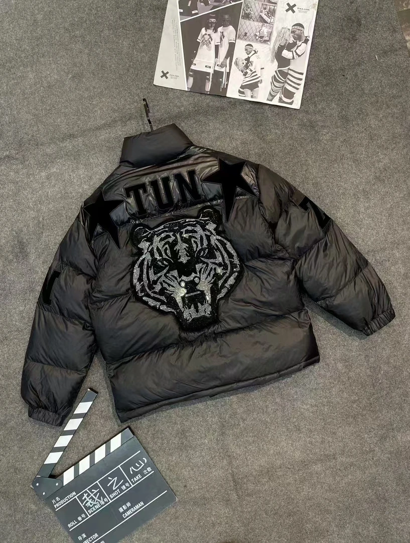 棉服休闲男外套男士时尚烫钻重工国潮冬季老虎黑色潮流帅气韩版