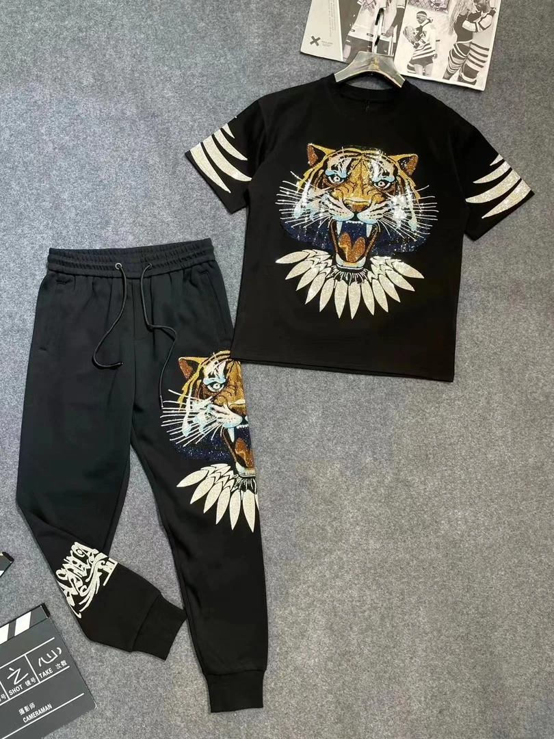 立体圆领时尚男士轻奢重工设计师剑齿虎半袖套装-756潮流